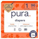 Pura Hypoallergenic Diapers, Size 1 (4-11lbs), Newborn, Totally Chlorine Free, Wetness Indicator, Suitable for Sensitive Skin, Soft Organic Cotton Comfort, Overnight, 3 Packs of 32 (96 Baby Diapers)