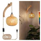 Frideko Bamboo Lantern Plug in Wall Sconces Wicker Wall Lamp with Plug in Cord Hand Woven Rattan Wall Light Farmhouse Rustic Wall Sconces Boho Sconces Wall Lighting for Living Room Bedroom