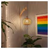 Frideko Bamboo Lantern Plug in Wall Sconces Wicker Wall Lamp with Plug in Cord Hand Woven Rattan Wall Light Farmhouse Rustic Wall Sconces Boho Sconces Wall Lighting for Living Room Bedroom
