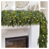 9FT Thick Christmas Garlands with 240 Cedar Branches, 50 Lights, Green Cedar Garland for Christmas Decorations, Artificial Greenery Garland for Table Mantle Wall Indoor Outdoor Holiday Decor