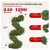 9FT Thick Christmas Garlands with 240 Cedar Branches, 50 Lights, Green Cedar Garland for Christmas Decorations, Artificial Greenery Garland for Table Mantle Wall Indoor Outdoor Holiday Decor