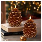 Homemory 2 Pcs Flameless Pine Cone Candle, LED Candles with 6H Timer, Real Wax Battery Operated Candles for Fireplace Decor, Holiday Indoor Decoration,Brown(D3.5 x H5.3 Inch)