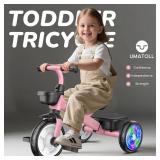 Umatoll Tricycle for Toddlers 2-5 Year Old, Ajustable Toddler Bike Outdoor Toys, Birthday Gift for Girl Age 2-4, Trike with Light up Wheels