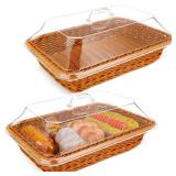 Mumufy 2 Pack Thanksgiving Wicker Large Bread Basket for Serving with Acrylic Lid Woven Rectangular Imitation Rattan Fruit Basket with Cover Food Display Tabletop Christmas Kitchen(13.78x9.84