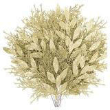 Winlyn 30 Pcs Christmas Artificial Bay Leaf Picks Cedar Sprays Champagne Glittered Christmas Tree Ornament Picks Winter Floral Stems for Champagne Christmas Tree Wreath Holiday Decor Wedding Bouquet