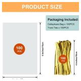 ZHEWTOEN Cellophane Bags, 100 Pcs 4x6 Inch Cellophane Treat Bags with Color Twist Ties, Clear Plastic Goodie Cello Treat Candy Bags for Cookies, Popcorn, Small Gift Wrapping, Party Favors