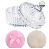 KuuDack Large Body Powder Puff and Container Set - 2 Soft Washable Velour Puffs with Crystal Glass Storage Box, Reusable for Face Body Shimmer Powder, Dry Wet Makeup Application (Transparent)