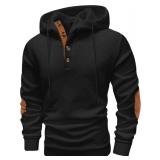 Mens Fashion Pullover Hoodies Long Sleeve Thermal Drawstring Button Texture Hooded Sweatshirt Black M