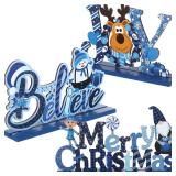 Blulu 3 Pcs Christmas Decorations Indoor Centerpieces for Tables Tabletop Wooden Signs Farmhouse Centerpieces Xmas Snowman Santa Claus Gnome Signs Merry Christmas for Xmas Holiday Party Decor(Blue)