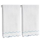 CASYUNE 100% Cotton Scalloped Hand Towels 600 GSM Embroidered Soft Absorbent Decorative Bath Towels for Bathroom Hotel Spa Yoga Sport Blue 2-Pack 27\" L x 16\" W