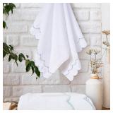 CASYUNE 100% Cotton Scalloped Hand Towels 600 GSM Embroidered Soft Absorbent Decorative Bath Towels for Bathroom Hotel Spa Yoga Sport Blue 2-Pack 27\" L x 16\" W