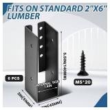Blulu 6 Pcs Concealed Joist Hangers with Screws Powder Coated Steel Joist Bracket Fence Brackets for Wood Fit for Beam Swing Handrail Fence Trim Flanges Framing Railing (2 x 6 Inches)