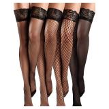 Bencailor 4 Pairs Fishnet Thigh High Stocking for Women Silicone Lace Top Sheer Over Knee Stockings(Black,Large,Classic Style)