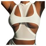 ZGMYC Women Sexy Cut Out Underboob Crop Top 2 Piece Racerback Athletic Tank Top T Shirt Cami Streetwear White