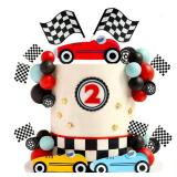 Race Cake Toppers with Acrylic Red Yellow Blue Car Black Red Blue Balls Flags Set for Birthday Party