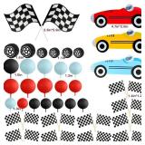 Race Cake Toppers with Acrylic Red Yellow Blue Car Black Red Blue Balls Flags Set for Birthday Party