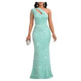 Cololura Women Sexy Sequin Elegant One Shoulder Tassel Mermaid Bodycon Party Cocktail Evening Dress Light Green