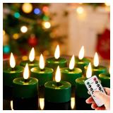 Eywamage Green Christmas LED Tealights with Remote Batteries, Flickering Flameless Tea Lights Votive Candles Set of 12