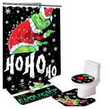 Merry Christmas Bathroom 4-Piece Set, Shower Curtain, Non-Slip Rug, Toilet Seat Cover and Bath Mat Christmas Holiday Bathroom Decor with Hooks 72 x 72 inches (Style 2)
