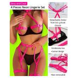 Kaei&Shi Garter Lingerie For Women,Glow In The Dark Blacklight Strappy Underwire Choker Sexy Lingerie,Adjustable Straps Sheer Thong Belt Matching 4 Piece Lingerie Set Boudoir Petite Neon Pink Small