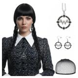 S-noilite Wednesday Addams Braided Black Wig with Bangs Long Braids Wigs for Women Girls Cosplay Party Halloween+Wig Cap