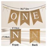 Anwyll Burlap One Banner - NO DIY One Highchair Banner First Birthday Boy Girl Banner Sign Decoration 1st Happy Birthday High Chair Banners for Babies Photo Prop Party Decoration Indoor Outdoor