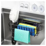 3-In-1 Sponge Holder for Kitchen Sink, 2 Type Suspension Options (Suction Cups & Adhesive Hook), Hanging Sink Caddy Organizer Rack - Sponge, Dish Cloth, Brush, Scrubber, 304 Stainless Steel - Black