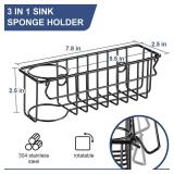 3-In-1 Sponge Holder for Kitchen Sink, 2 Type Suspension Options (Suction Cups & Adhesive Hook), Hanging Sink Caddy Organizer Rack - Sponge, Dish Cloth, Brush, Scrubber, 304 Stainless Steel - Black