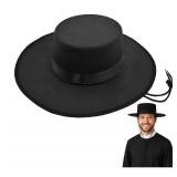 Nicky Bigs Novelties Adult Black Wide Brim Felt Hat Premium Flat Top Hats Amish Style Ranch Cowboy with Chin Strap Men Women Costume Accessory for Plague Matador Western Medieval Adjustable Size