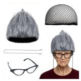 QACCF Halloween Costume Old Lady Costume Gray Wig with Beaded Necklace Chain Cat Eye Glasses