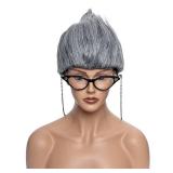 QACCF Halloween Costume Old Lady Costume Gray Wig with Beaded Necklace Chain Cat Eye Glasses