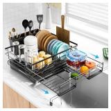 Laveshop Dish Drying Rack - Expandable Rack, Large Capacity Dish Drainer for Kitchen Counter, Rust-Proof with Utensil Holder, Black