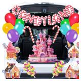 Halloween Trunk or Treat Candy Land Decorations Kit with Whole Piece Sweet Candy Land Lollipop Balloons Tassel for Suv Car Archway Garage Door Haunted House Party Decoration
