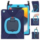 BRAECN for iPad Case 9th/8th/7th Generation,Rugged Kids Friendly Silicon Case with Folding Stand/Handle Grip Pencil Holder Shoulder Strap Screen Protector Pencil Cap Holder for iPad 10.2â-Navy Bl