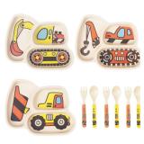 Kids Plates Set, Included Plate Fork and Spoon 9-Piece Set - Toddler Plates Dinnerware Dinner Dish Set Baby Feeding Divided Plate - Child Portion Control Trays (Excavator+Bulldozer+Hook Truck)