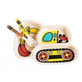 Kids Plates Set, Included Plate Fork and Spoon 9-Piece Set - Toddler Plates Dinnerware Dinner Dish Set Baby Feeding Divided Plate - Child Portion Control Trays (Excavator+Bulldozer+Hook Truck)