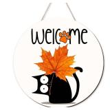 Hello Fall Signs Wooden Hanging Signs for Front Door Maple Leaf Black Cat Door Signs Rustic Fall Door Hangers for Home Autumn Harvest Front Porch Decor