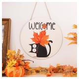 Hello Fall Signs Wooden Hanging Signs for Front Door Maple Leaf Black Cat Door Signs Rustic Fall Door Hangers for Home Autumn Harvest Front Porch Decor