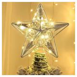 Juegoal Star Tree Topper with 20 LED Lights, Metal Silver Lighted Treetop Ornaments, Battery Powered Light Up Christmas Tree Decorations, 6.5 x 6.5 Inches