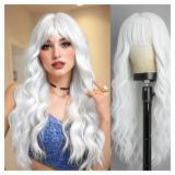 Lativ White Wig With Bangs Long Wavy Wig For Women White Color Wigs Synthetic Curly wig Natural Looking Heat Resistant Hair For Daily Party Cosplay Use 26 Inches