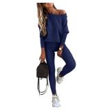 CHICME 2 Piece Lounge Outfit Long Sleeve Knit Pullover Tops Drawstring Pants Set Tracksuit Sweatsuit-bl-M