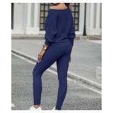 CHICME 2 Piece Lounge Outfit Long Sleeve Knit Pullover Tops Drawstring Pants Set Tracksuit Sweatsuit-bl-M