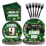Grencian 96 Pcs 9th Birthday Video Game Party Supplies Green Video Game Paper Plates and Napkins Tableware Sets for Kids Boys 9th Video Game Birthday Gamer Gaming Party Decorations Serves 24