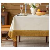 F-CHU Luxury White Tablecloth Thickset Velvet Tablecloth with Beautiful Gold Tassels Vintage Table Cloth for Home Decor Wedding, Party, Banquet and Events 60x102-Inch