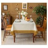 F-CHU Luxury White Tablecloth Thickset Velvet Tablecloth with Beautiful Gold Tassels Vintage Table Cloth for Home Decor Wedding, Party, Banquet and Events 60x102-Inch