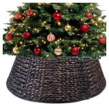 KOLWOVEN Tree Collar Large to Small Christmas Tree, 28\" Christmas Tree Ring Adjustable Water Hyacinth Skirt, Christmas Tree Skirt for Decoration, Base Protection from Pets (Water Hyacinth-Black)