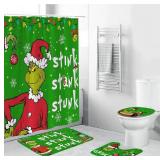 ONIBOGO 4 Pcs Christmas Bathroom Set, Christmas Shower Curtain with Non-Slip Rugs, Toilet Lid Cover and Non-Slip U Shape Bath Mat, Xmas Winter Holiday Bathroom Decor with Hooks 71 x 71 Inches (Green)