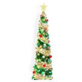 5FT Pop Up Christmas Tree with Timer 60 Warm White & Multi Color Fairy Light 3D Star 15 Ball Ornament, Green Gold Tinsel Christmas Tree Slim Pencil Xmas Tree Home Office Holiday Decor Indoor Outdoor