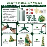 5FT Pop Up Christmas Tree with Timer 60 Warm White & Multi Color Fairy Light 3D Star 15 Ball Ornament, Green Gold Tinsel Christmas Tree Slim Pencil Xmas Tree Home Office Holiday Decor Indoor Outdoor