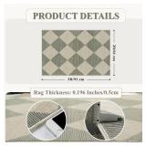 Beeiva Checkered Washable Entryway Rug 2x3, Non Slip Ultra Thin Green Front Door Mat Indoor Entrance Low Pile Small Kitchen Rug, Moroccan Contemporary Decor Neutral Accent Carpet for Bedroom Bathroom
